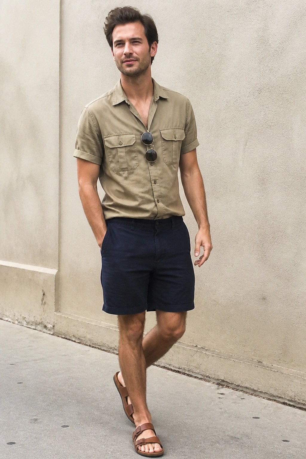 Man wearing a short sleeve khaki button down shirt with chest pockets and sunglasses tucked in, paired with navy shorts and brown double strap sandals, standing against a plain wall.