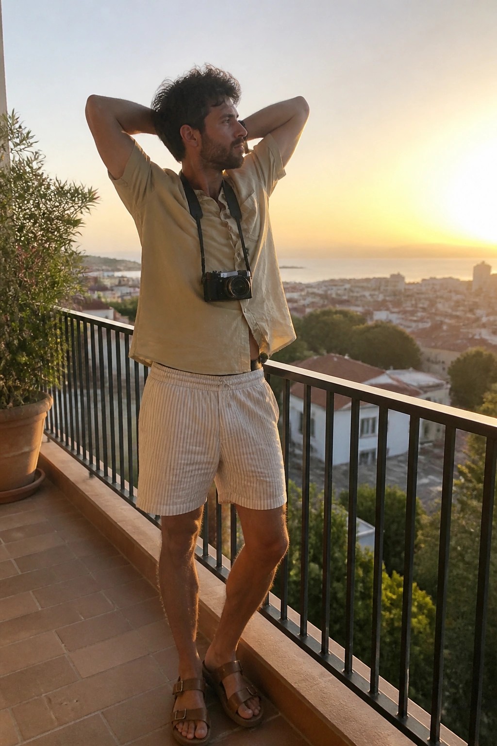 Man in beige shirt and striped shorts stands on sunset balcony with neck camera.