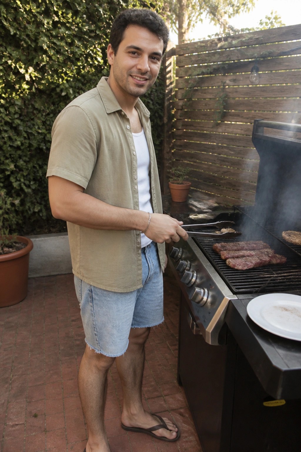 Man in beige shirt grilling steaks with tongs on smoky outdoor grill.