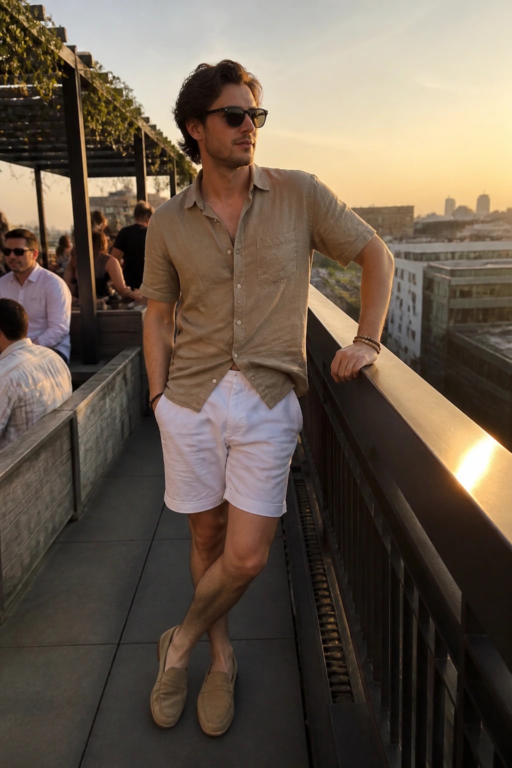 Man in beige shirt and white shorts leaning on balcony at sunset