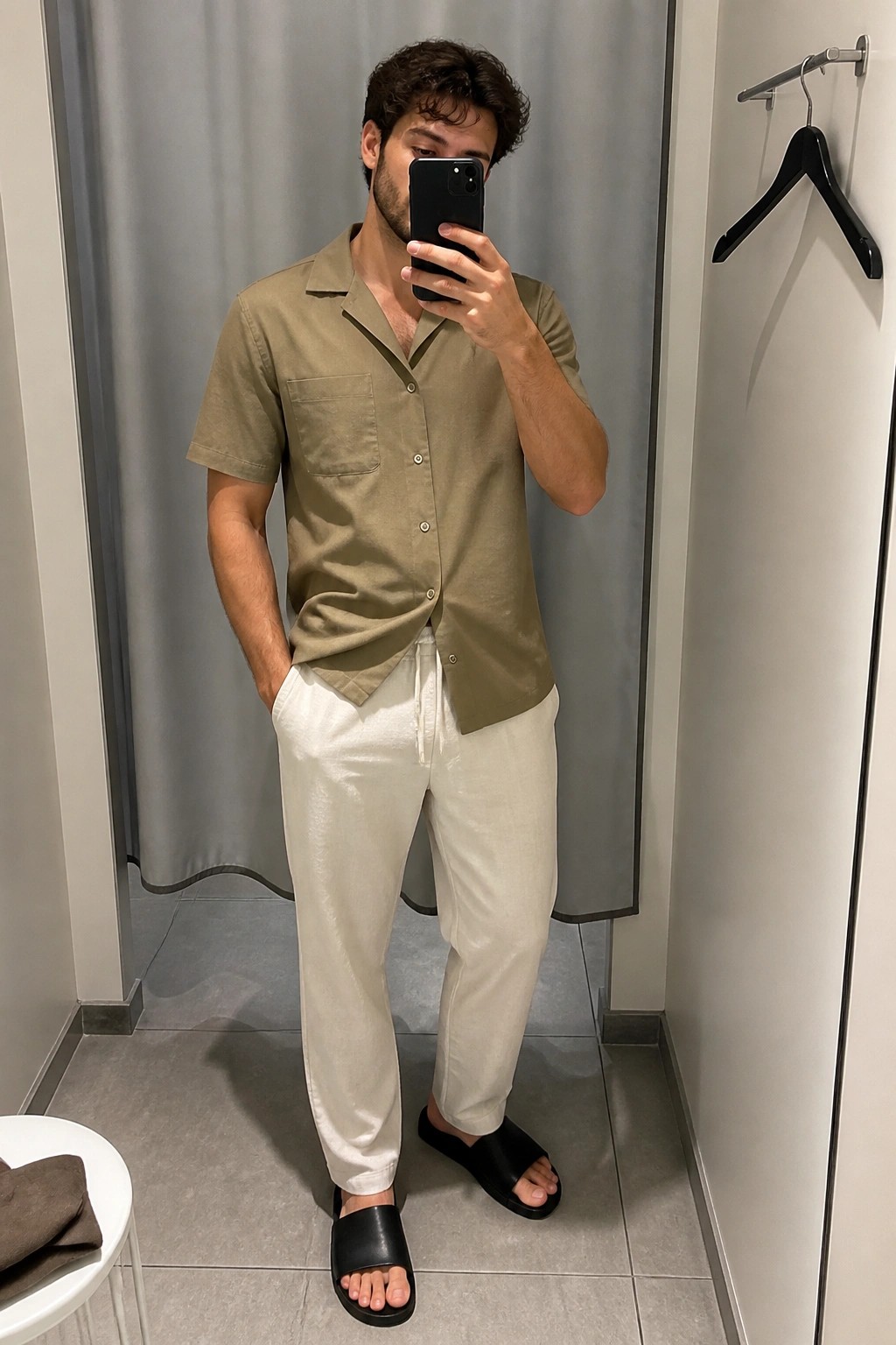 Man in olive shirt and white pants taking mirror selfie in fitting room