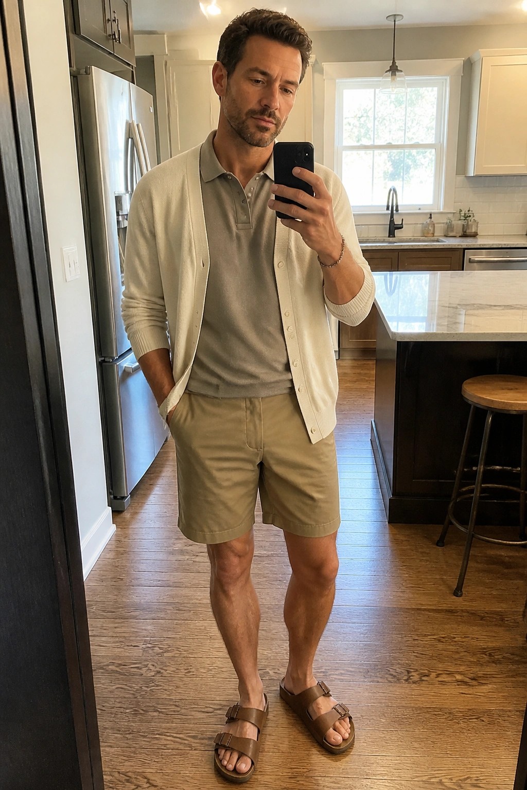 Man in beige cardigan and khaki shorts taking mirror selfie in kitchen