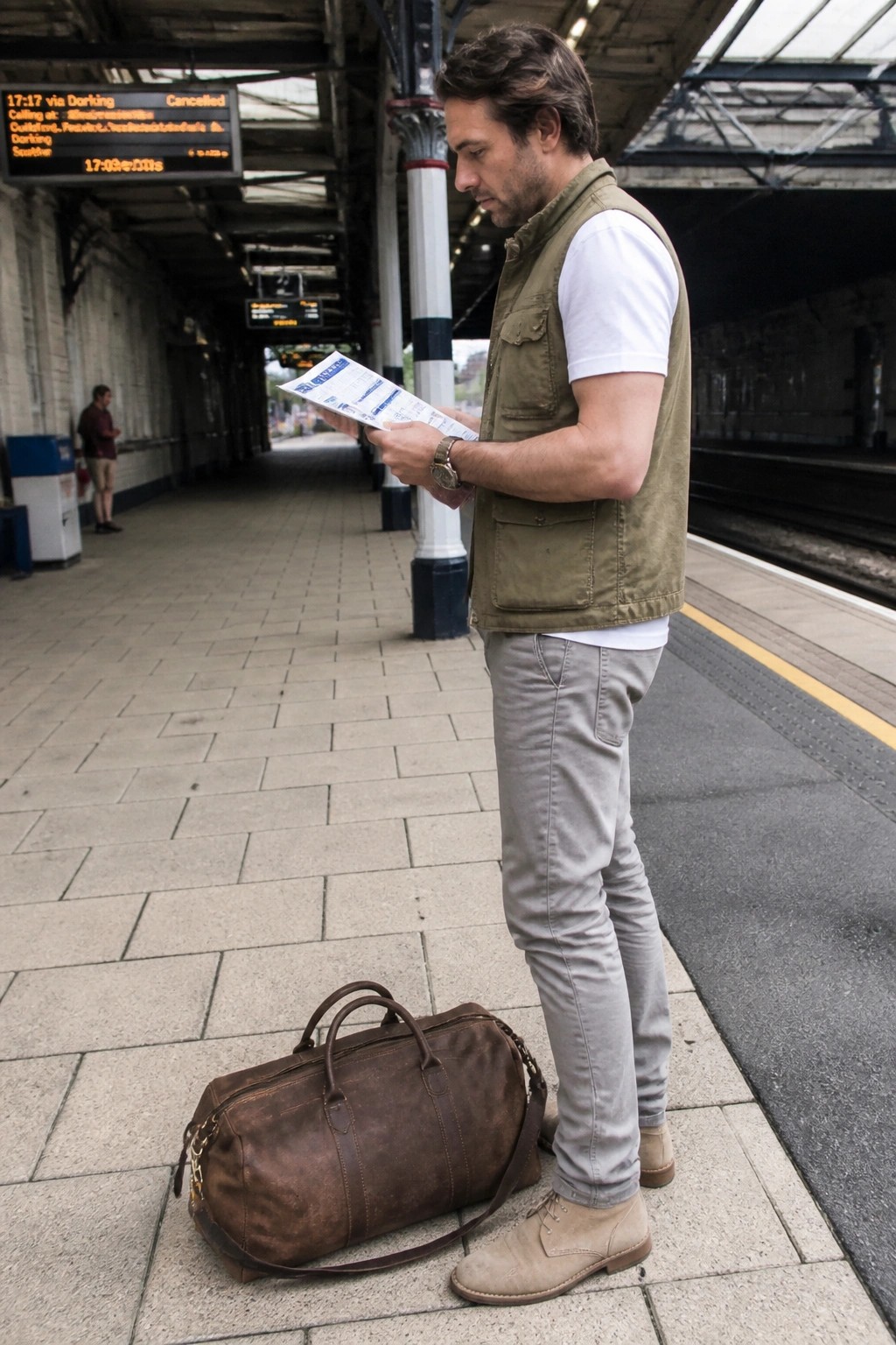 Man standing on a train platform wearing an olive green utility vest over a white t-shirt with light gray khaki pants, beige suede boots, and holding a leather duffel bag while looking at tickets.