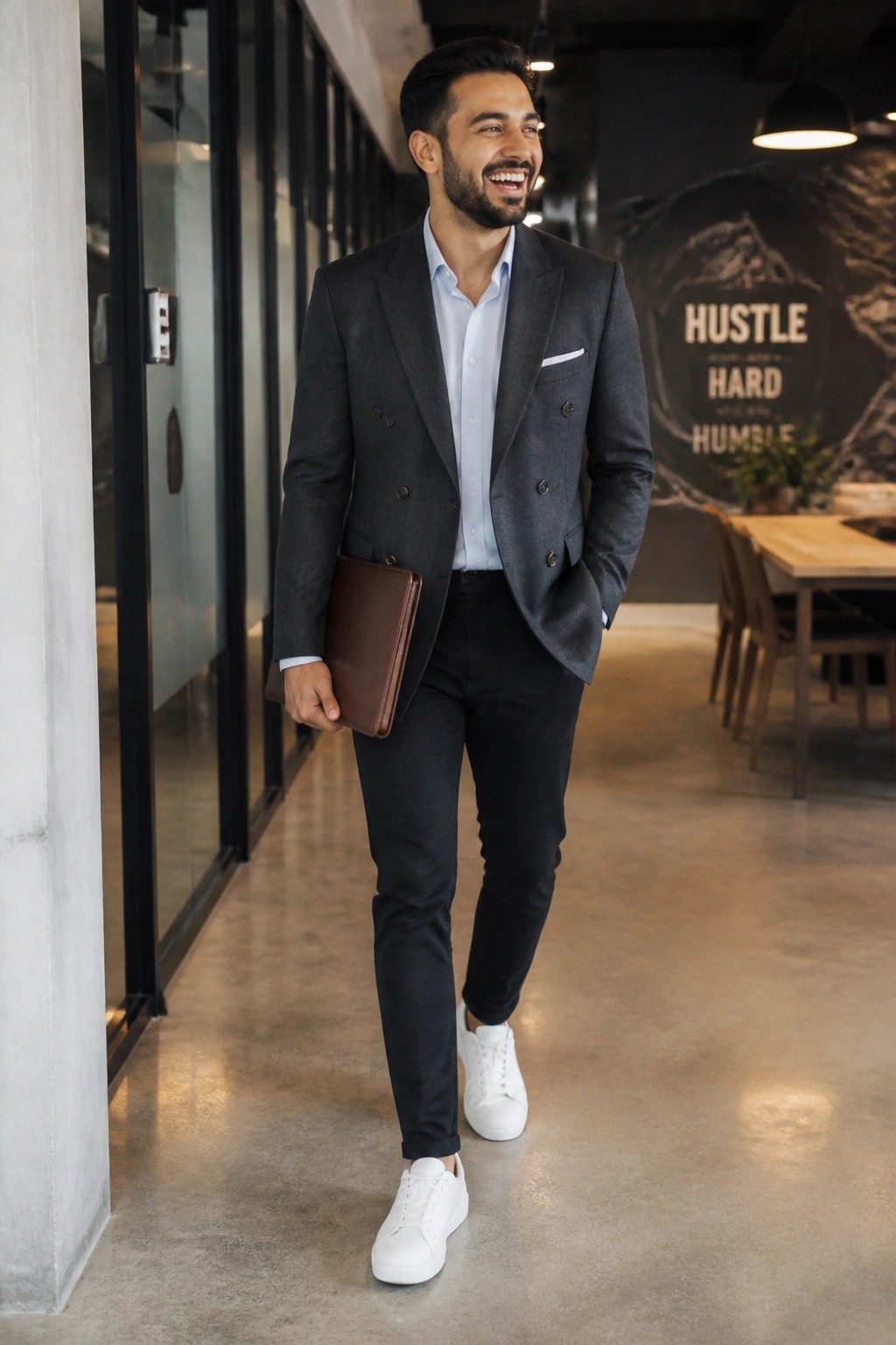Smiling bearded man in gray blazer and white sneakers holding brown leather folder in office