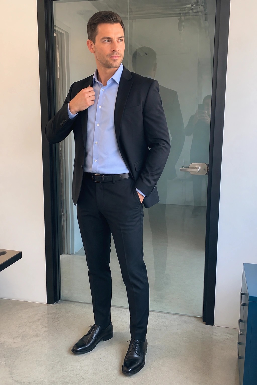 Man in black suit and light blue shirt standing in modern office with glass doors