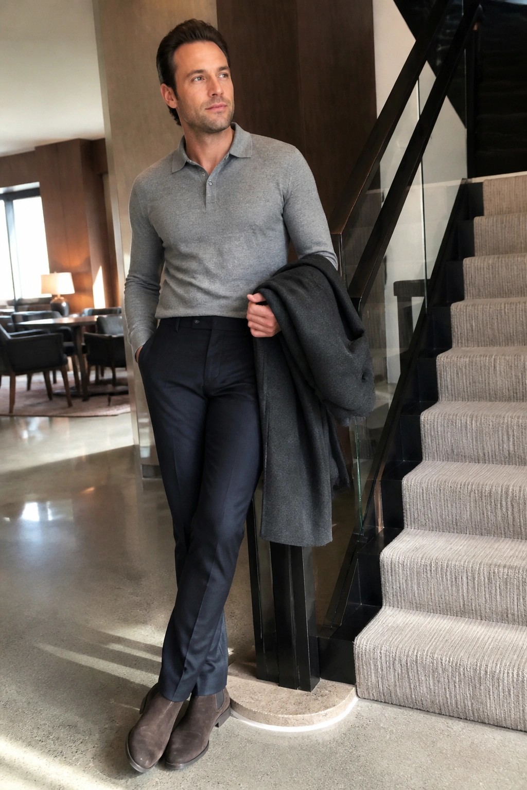 Man in gray polo shirt and dark pants holding coat by staircase