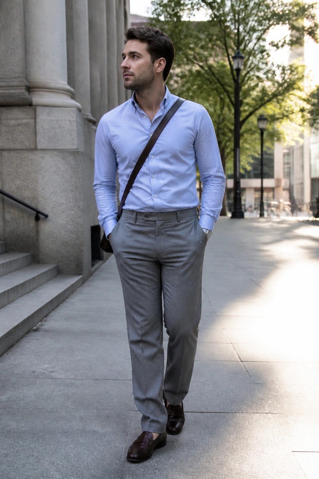 Man in light blue shirt and gray pants with brown crossbody strap on city street.