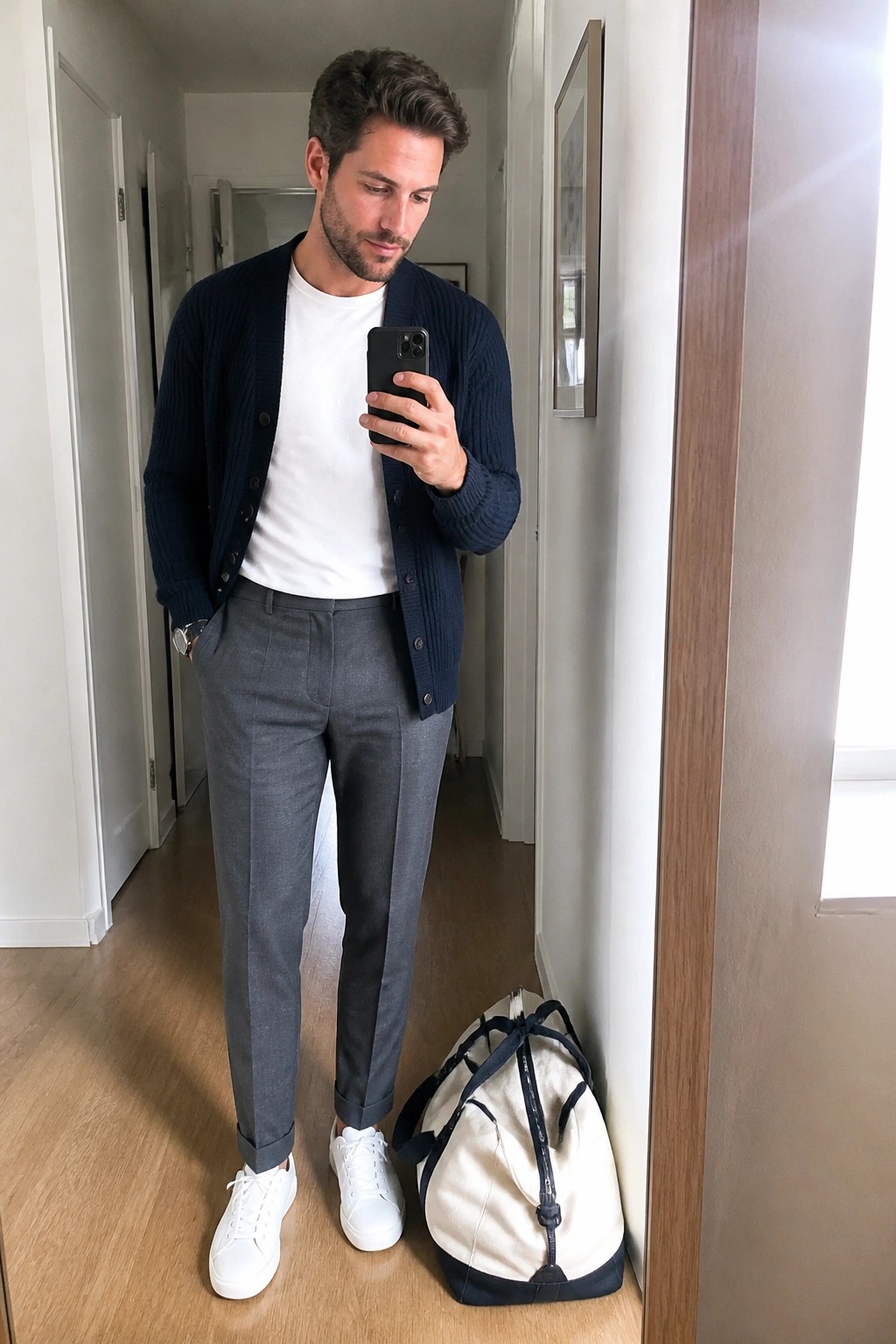 Man wearing gray formal pants, white t-shirt, navy buttoned cardigan, and white sneakers while holding a phone with a duffel bag nearby.