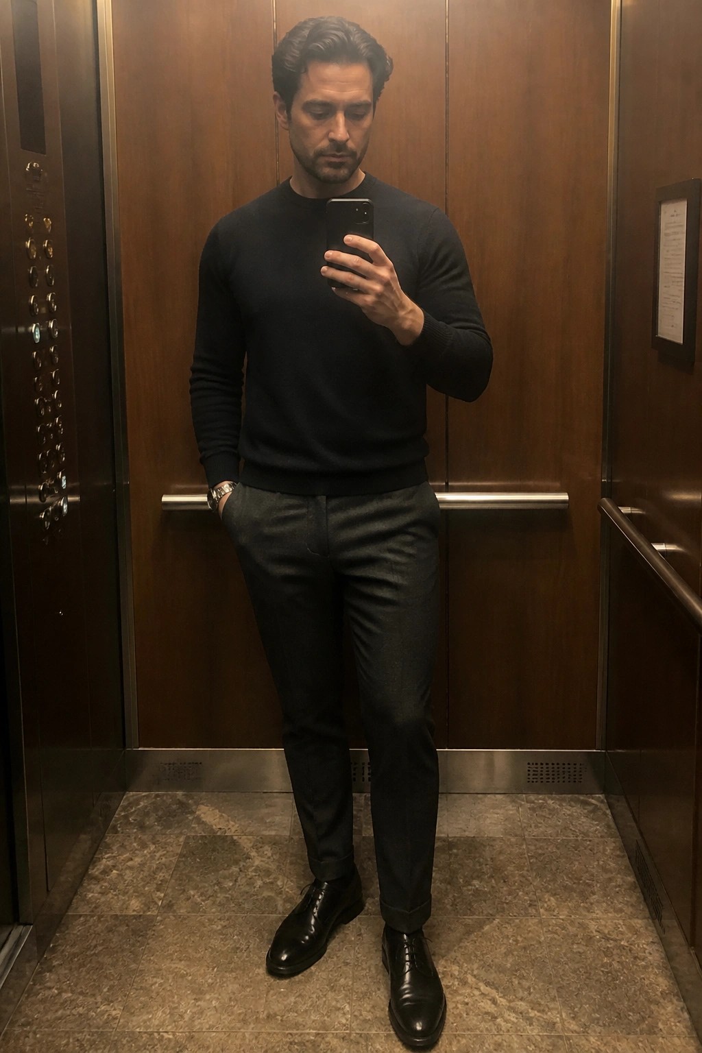 Man in black sweater and gray pants taking mirror selfie in elevator