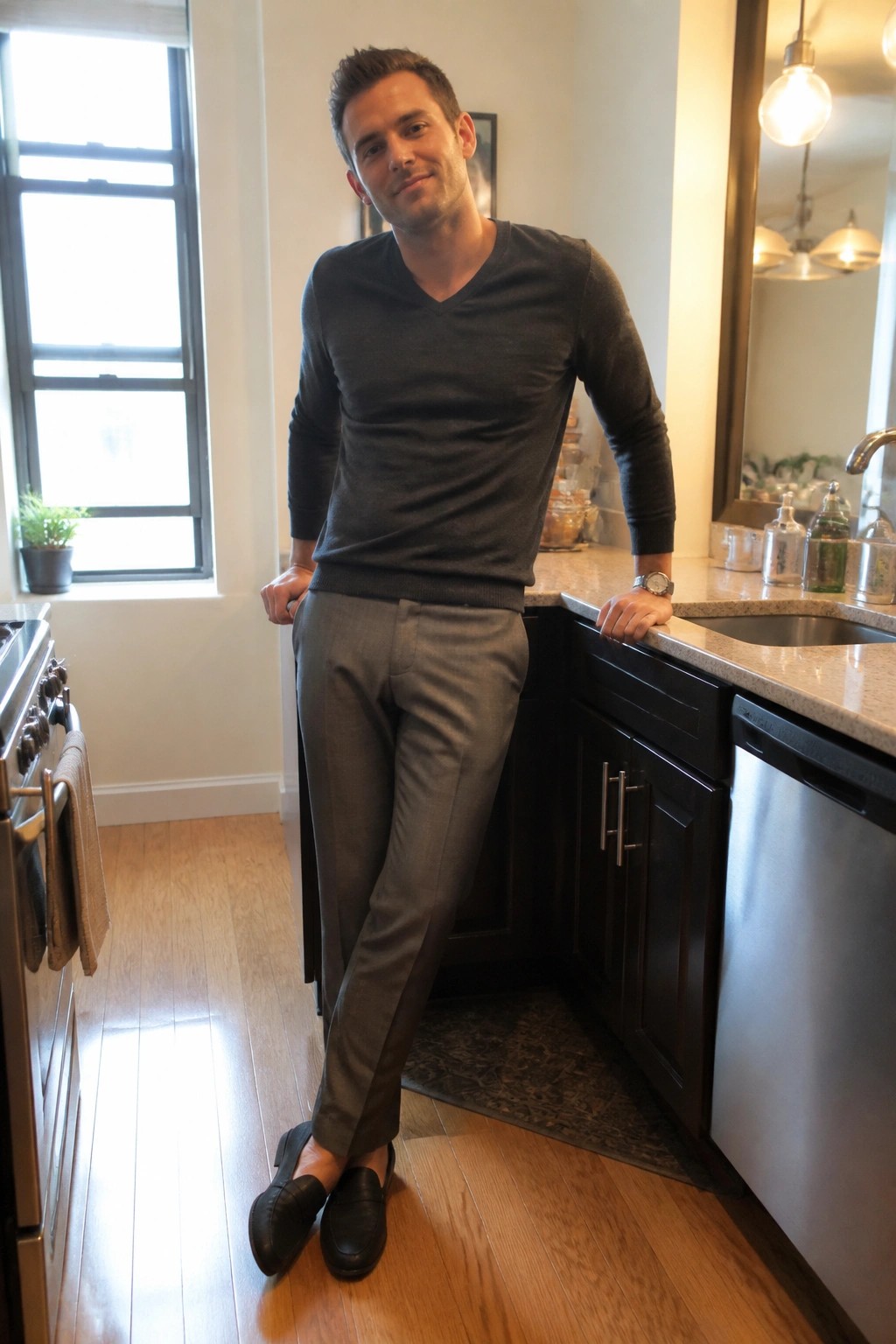 Man in dark V-neck sweater and gray pants leaning on kitchen counter
