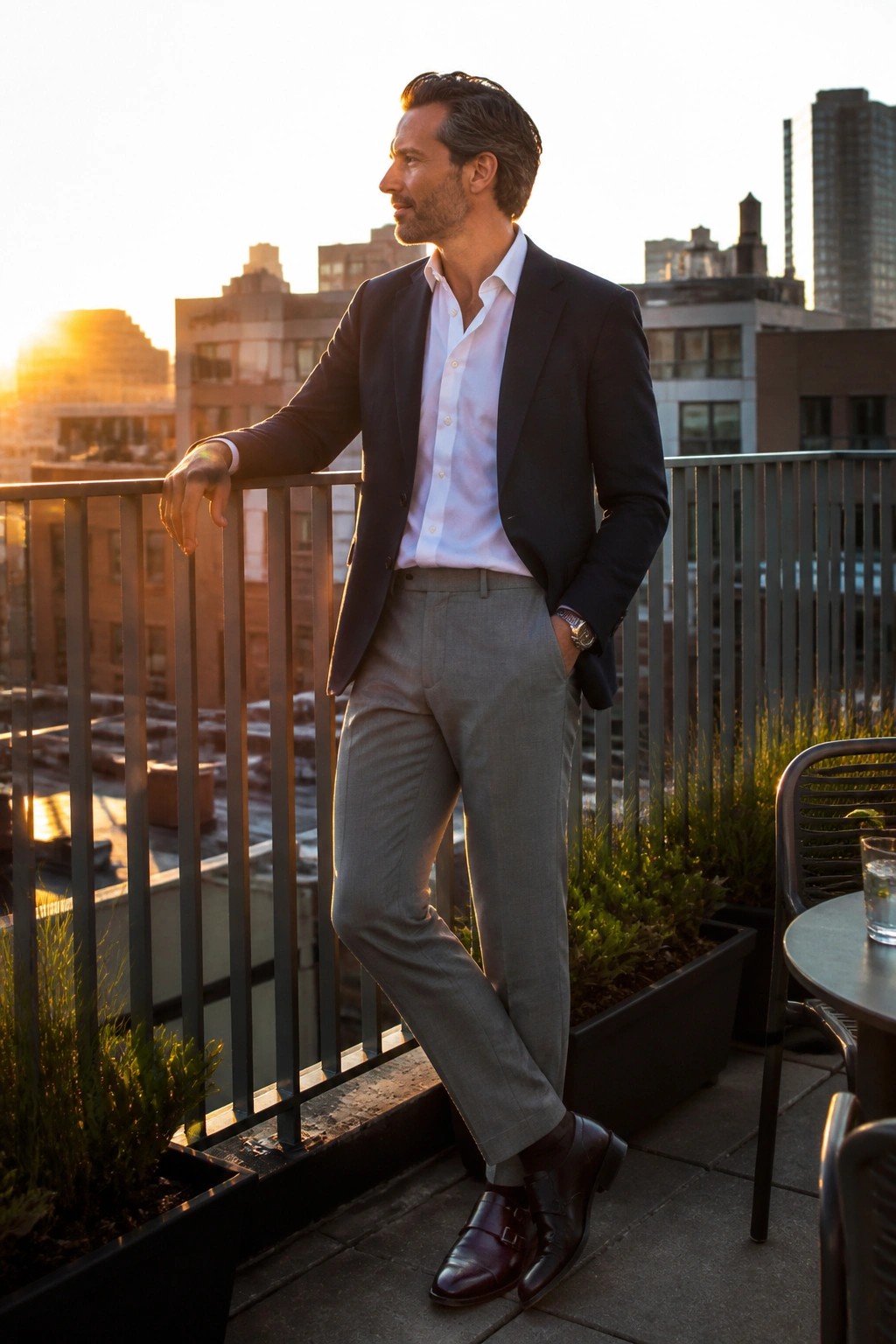 Man in navy blazer and gray trousers leaning on city balcony at sunset
