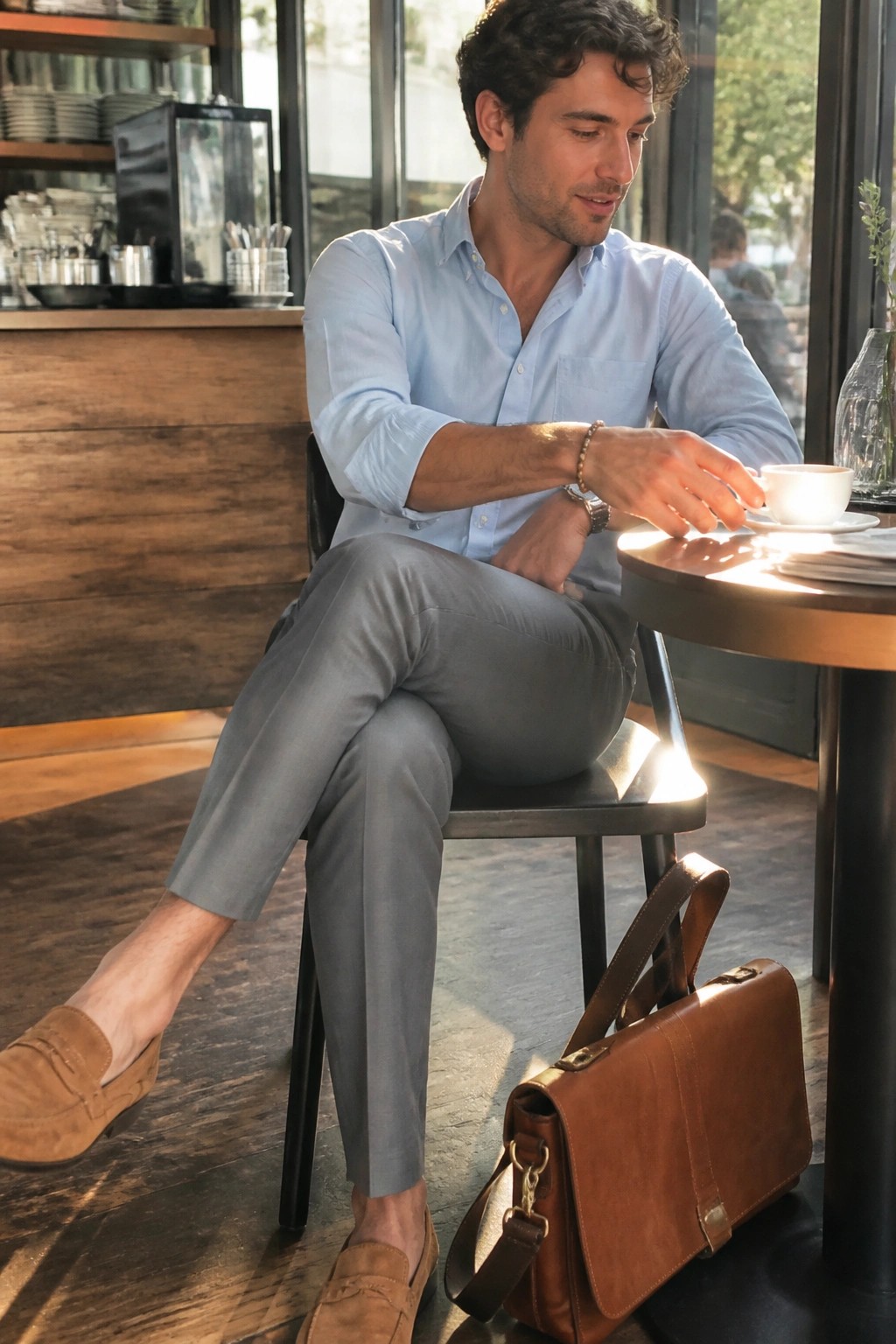 Man in light blue shirt reaches for coffee at cafe table with brown leather bag.