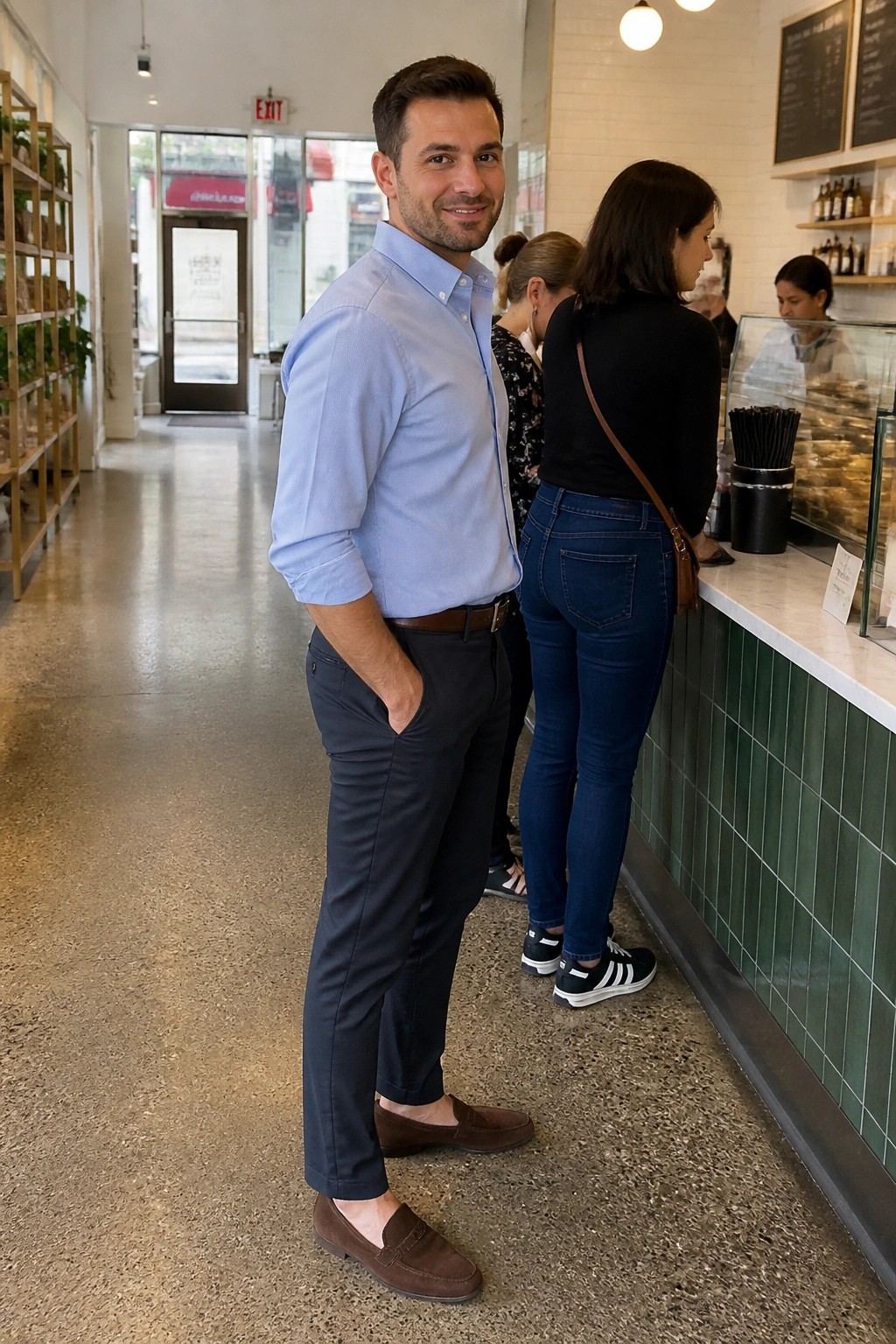 Man in blue shirt smiles in modern cafe with green-tiled counter.