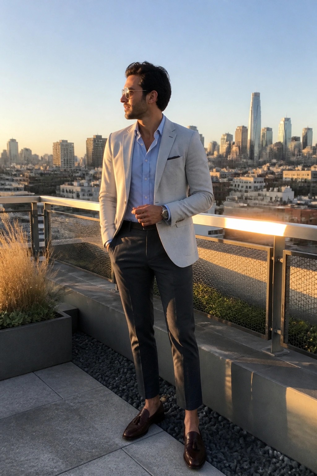 Man in light gray blazer, blue button down shirt, dark gray tailored pants and brown tassel loafers standing outdoors with city skyline behind him.