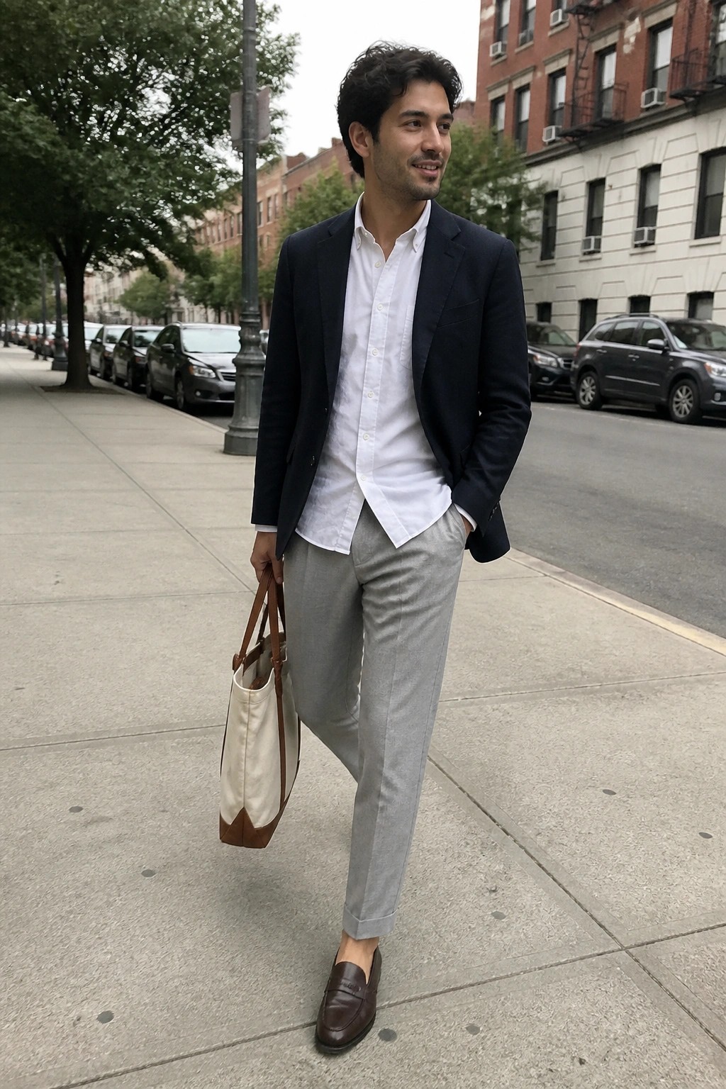 Man in navy blazer, white shirt, gray pants holds canvas tote on sidewalk.