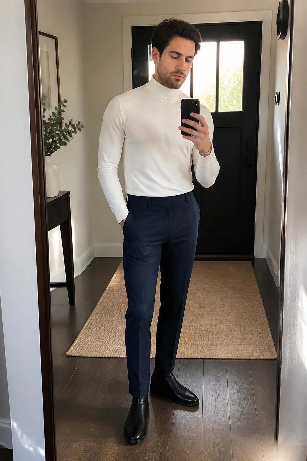 Man in white turtleneck and navy pants taking mirror selfie in hallway