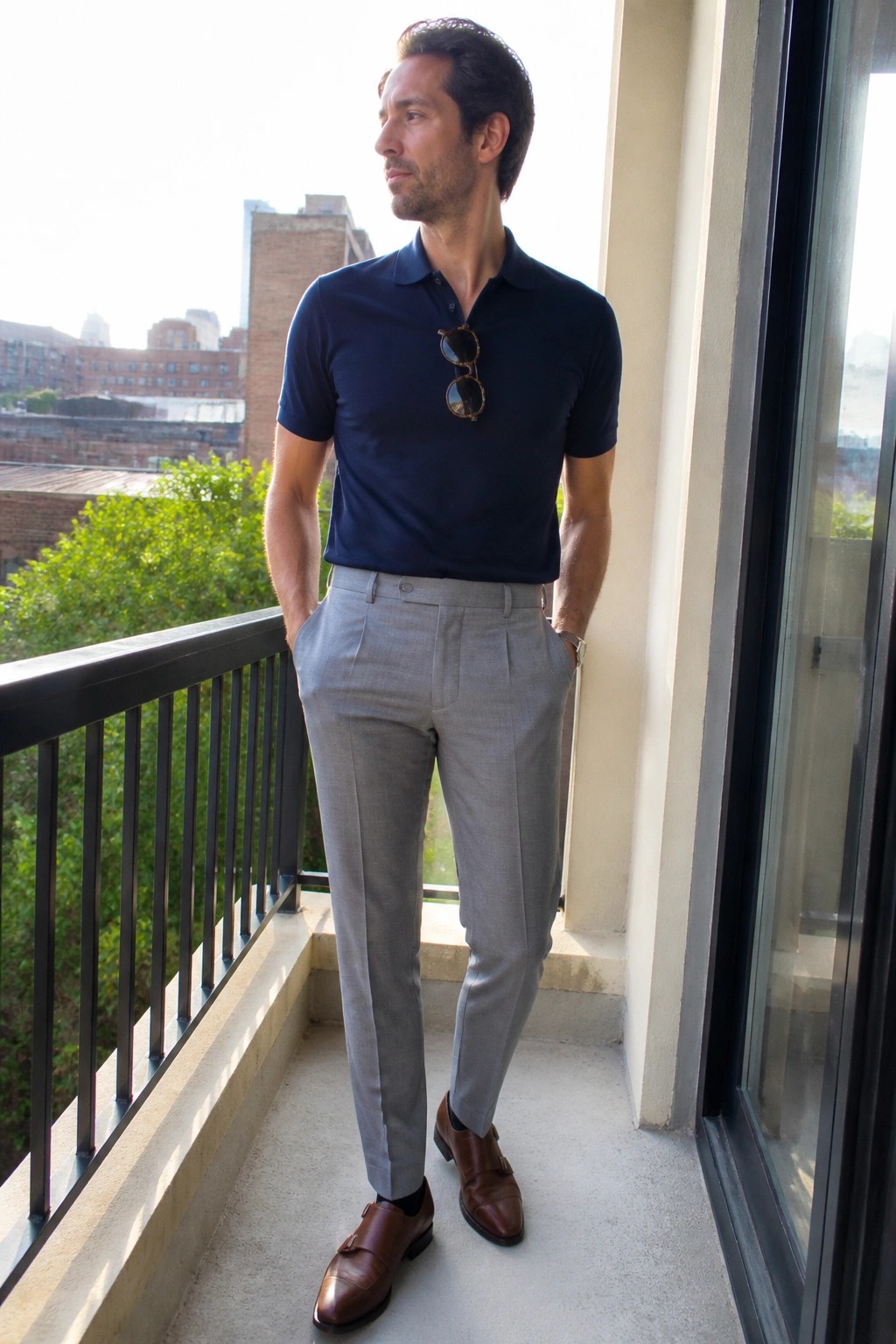 Man in navy polo shirt and gray trousers on balcony wearing brown monk shoes