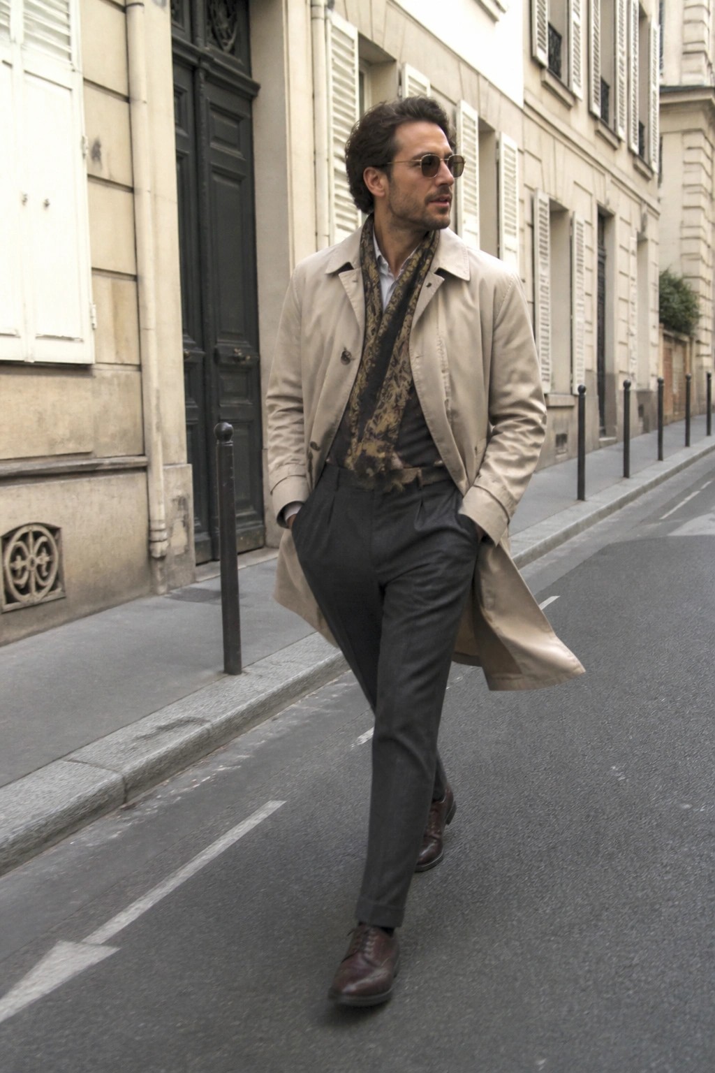 Man in beige trench coat and patterned scarf walking on city street