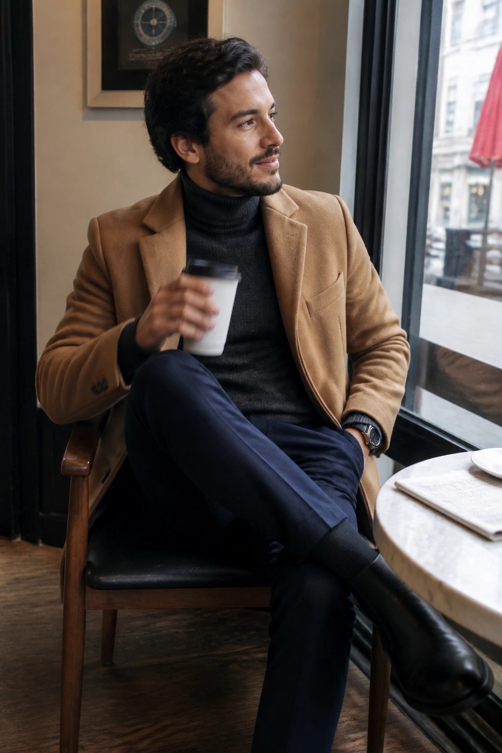 Man in tan coat and turtleneck holding coffee by cafe window.