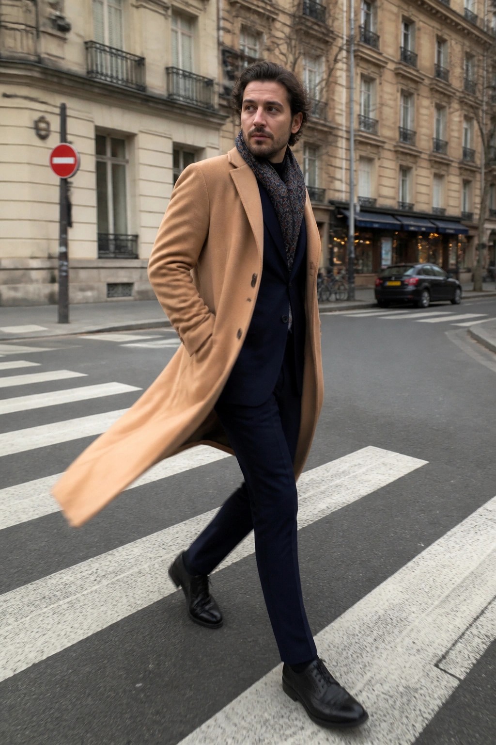Man in flowing tan coat and navy suit crossing urban crosswalk.