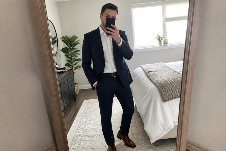 18 Confident Interview Outfits for Men Designed to Create a Strong First Impression Man wearing a fitted navy suit jacket and matching trousers over a white button-down shirt with a black belt and brown leather dress shoes while holding a phone in a mirror selfie.