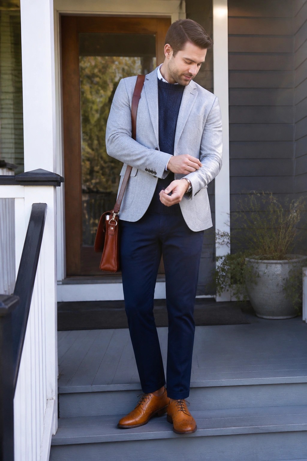 Man in gray blazer and navy pants checks watch on porch steps with brown bag