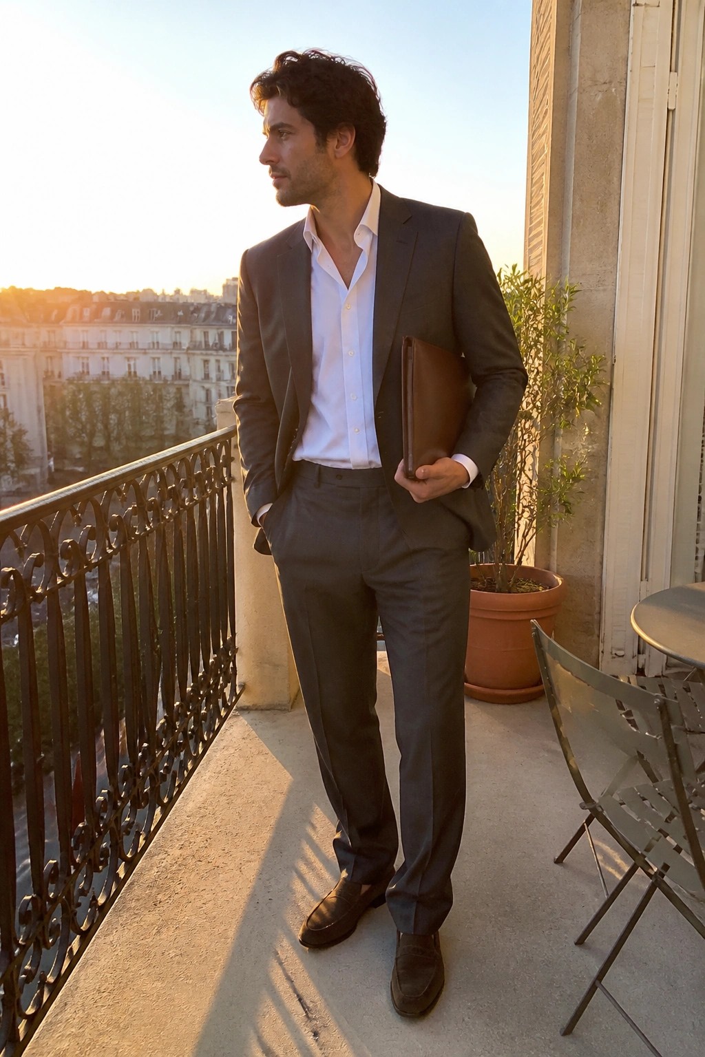 Man in gray suit holds brown portfolio on sunset balcony overlooking city