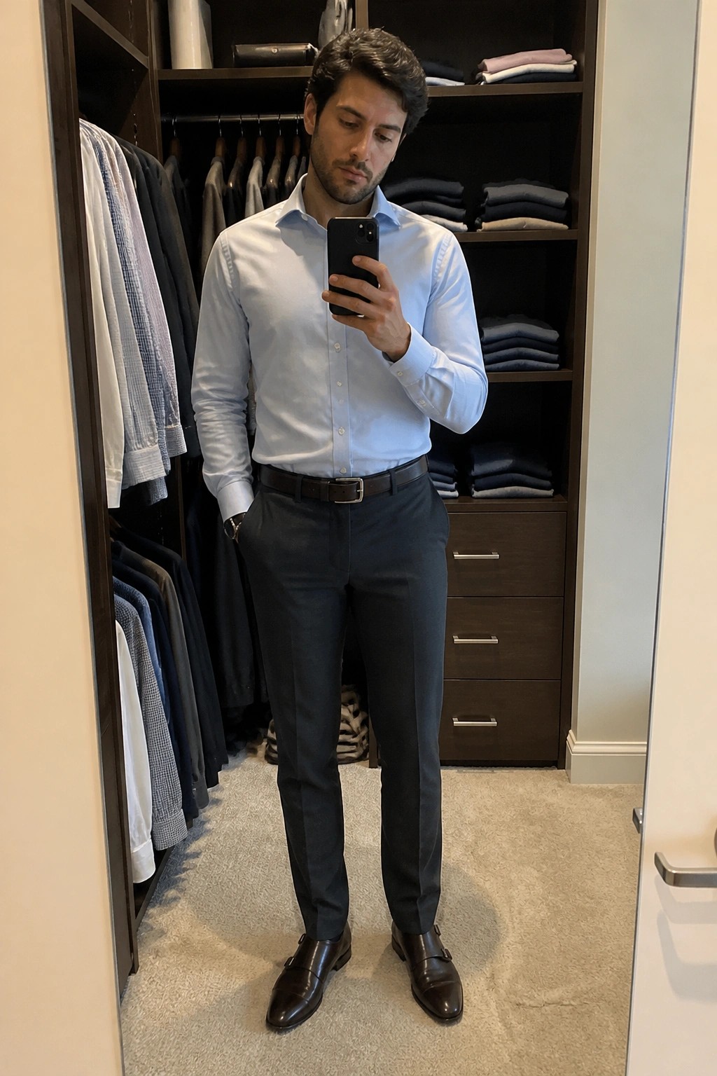 Man in light blue shirt and gray pants taking mirror selfie in closet