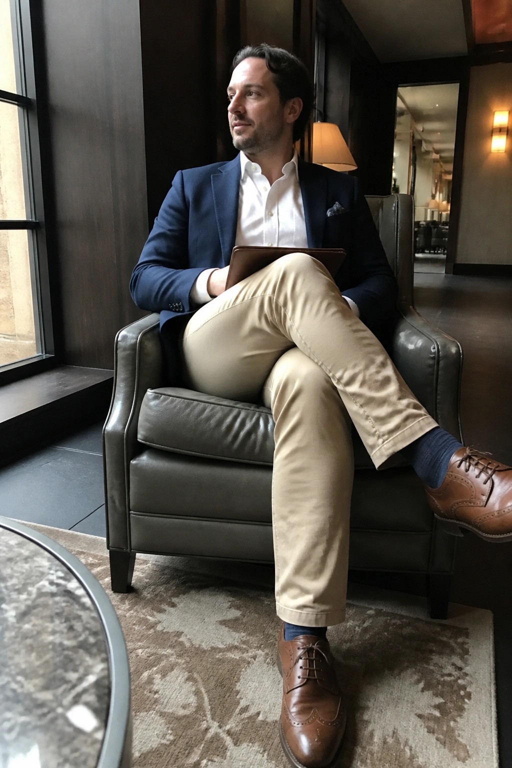 Man in blue blazer and beige pants sits in leather armchair holding tablet