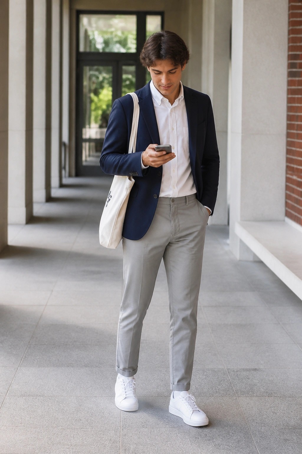 Young man in navy blazer and gray pants checks phone with tote bag in colonnade.