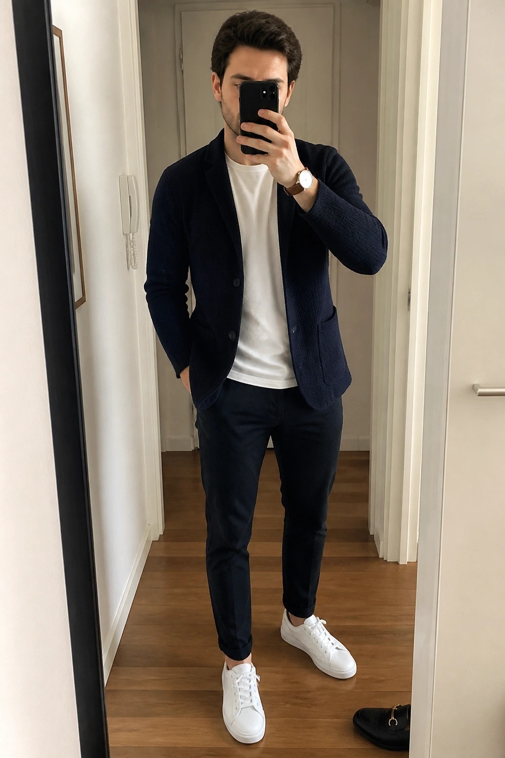 Man in navy blazer over white t-shirt taking mirror selfie in hallway
