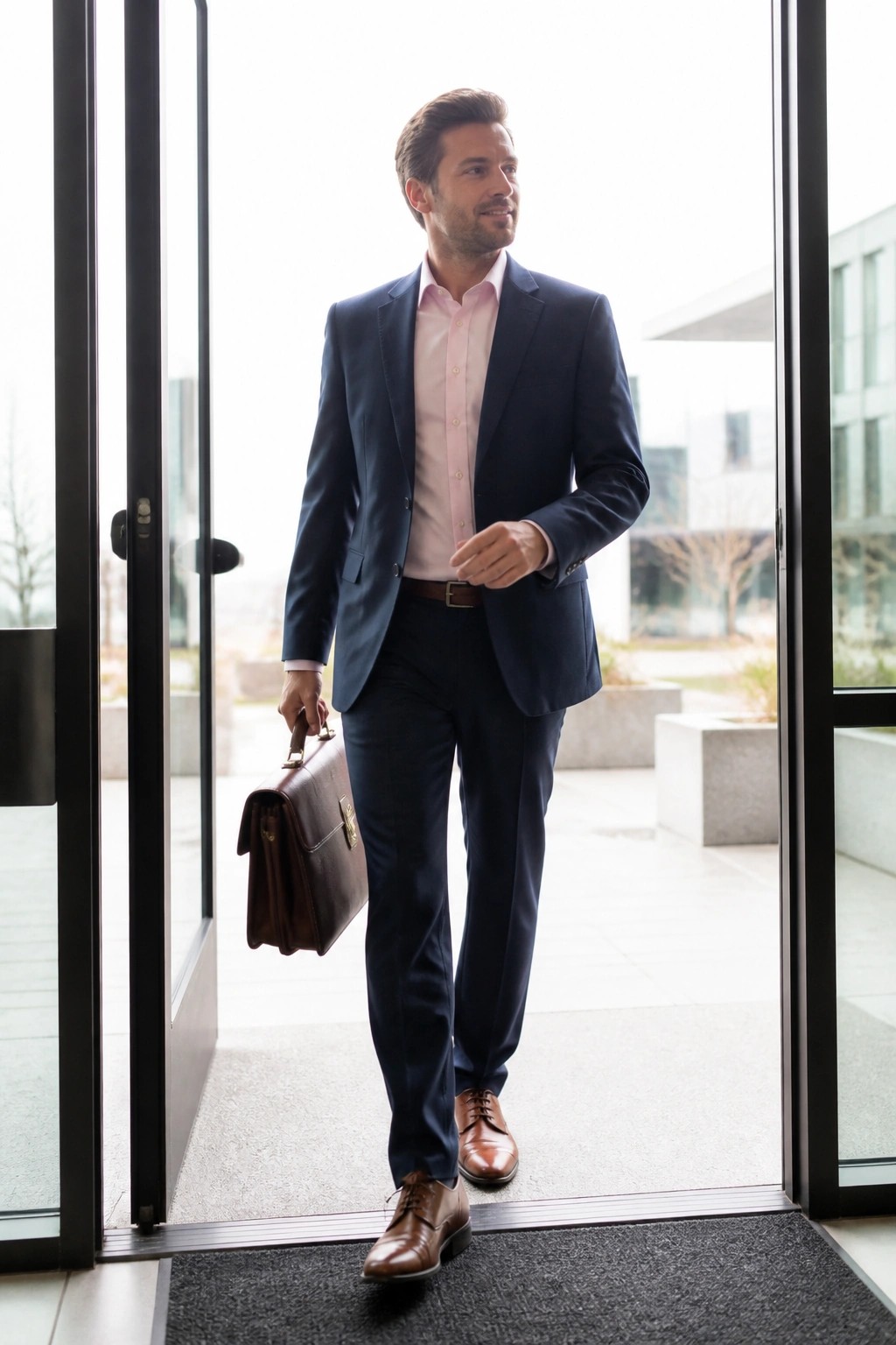 Man in navy suit and pink shirt carrying brown briefcase exiting building