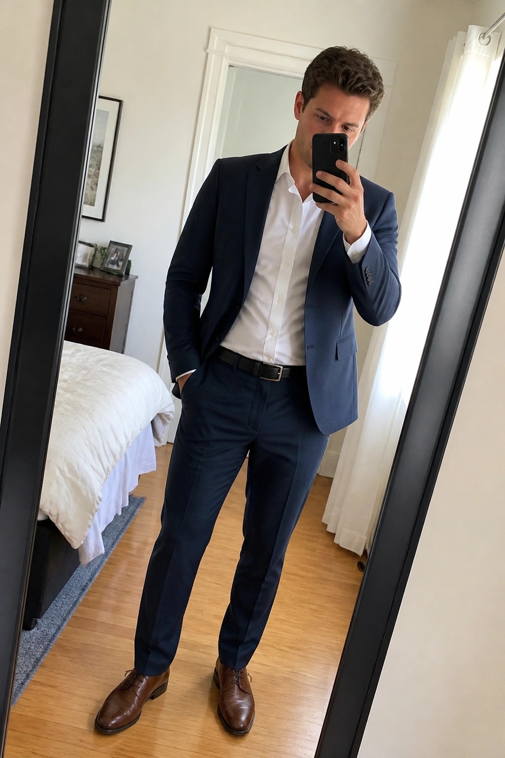 Man wearing a fitted navy suit jacket and matching trousers over a white button-down shirt with a black belt and brown leather dress shoes while holding a phone in a mirror selfie.
