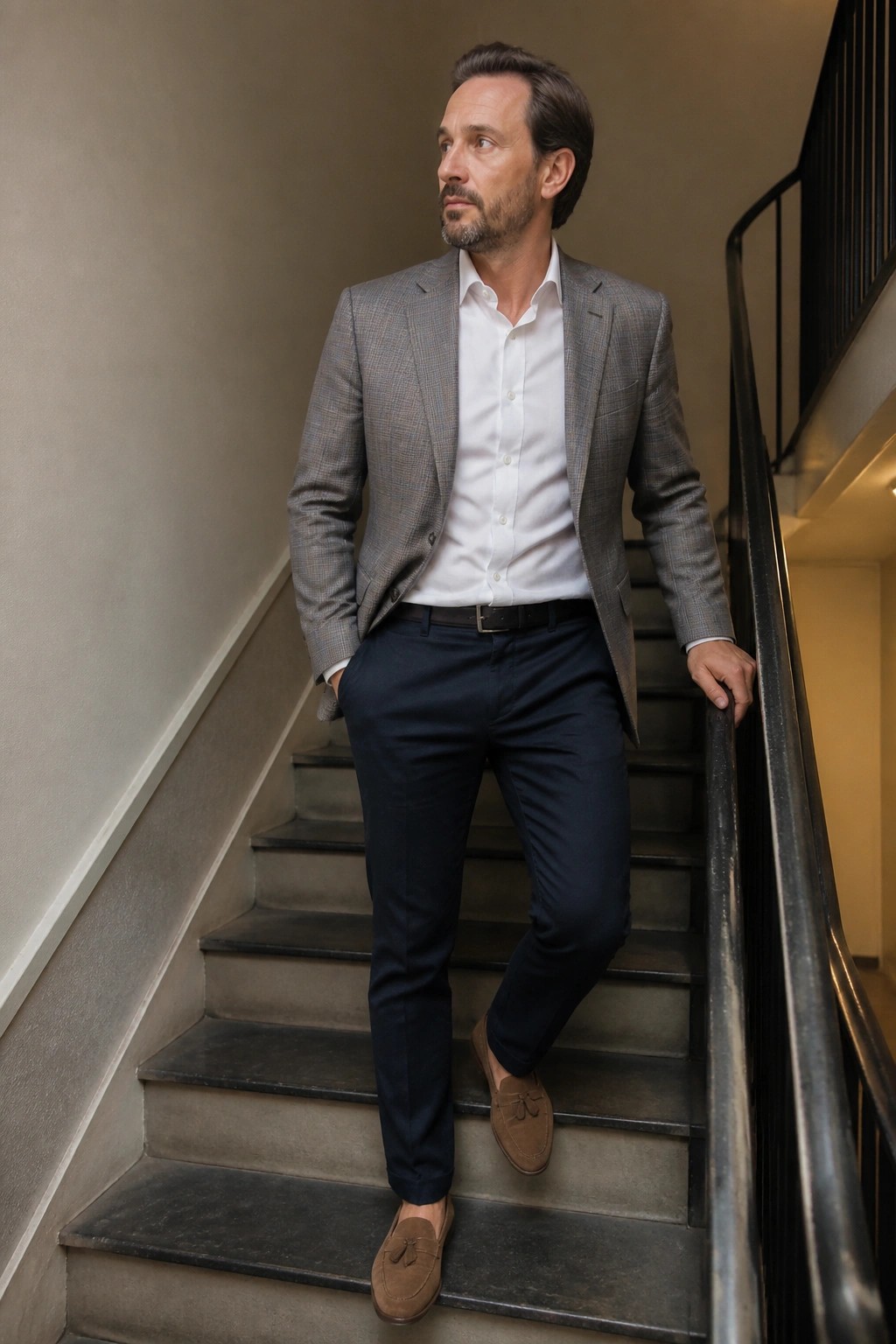 Man in gray plaid blazer and navy pants standing on dark staircase