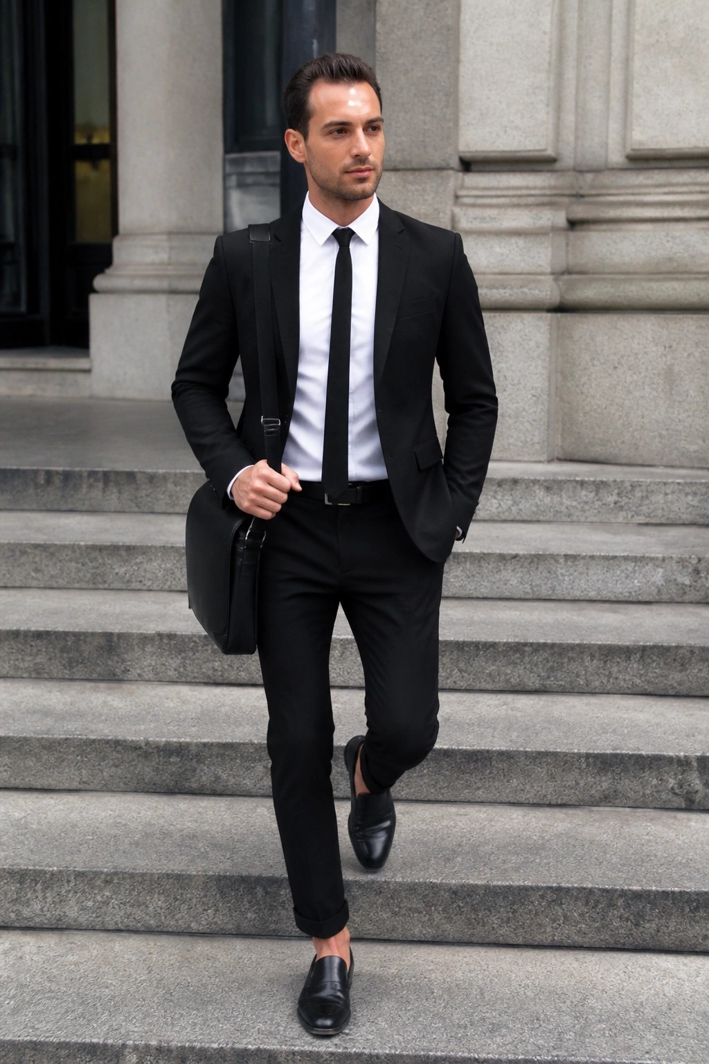 Man in black suit with white shirt and tie holding bag on stone steps