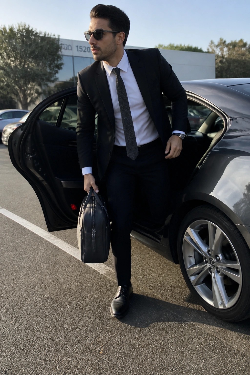 Man in black suit and sunglasses holding briefcase exits gray Lexus in lot.