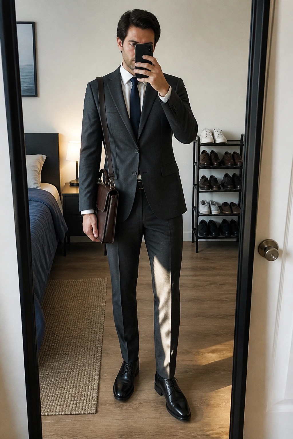 Man in gray suit with navy tie holds brown bag in bedroom mirror selfie