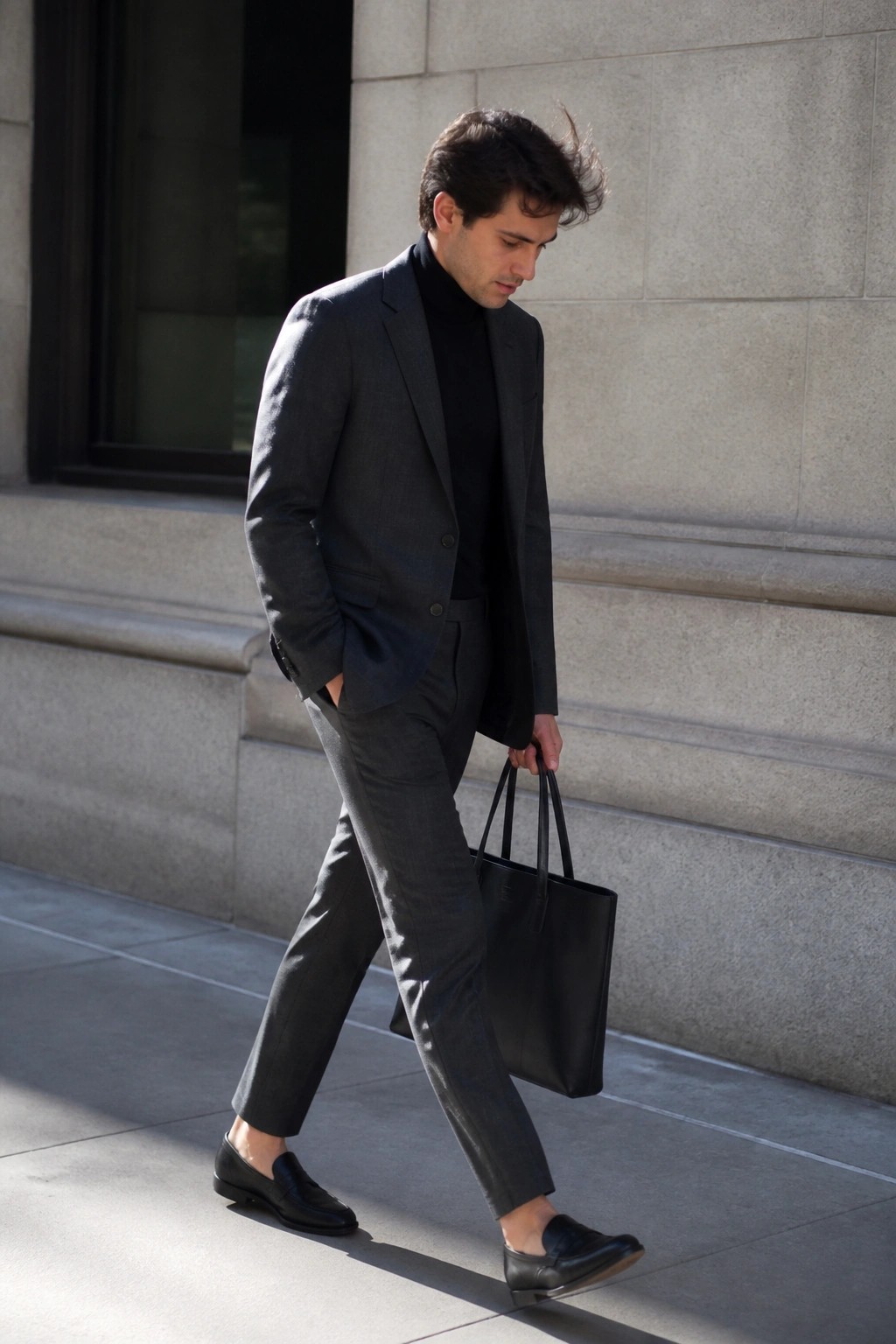 Man in gray suit and black turtleneck carrying tote bag on sidewalk.