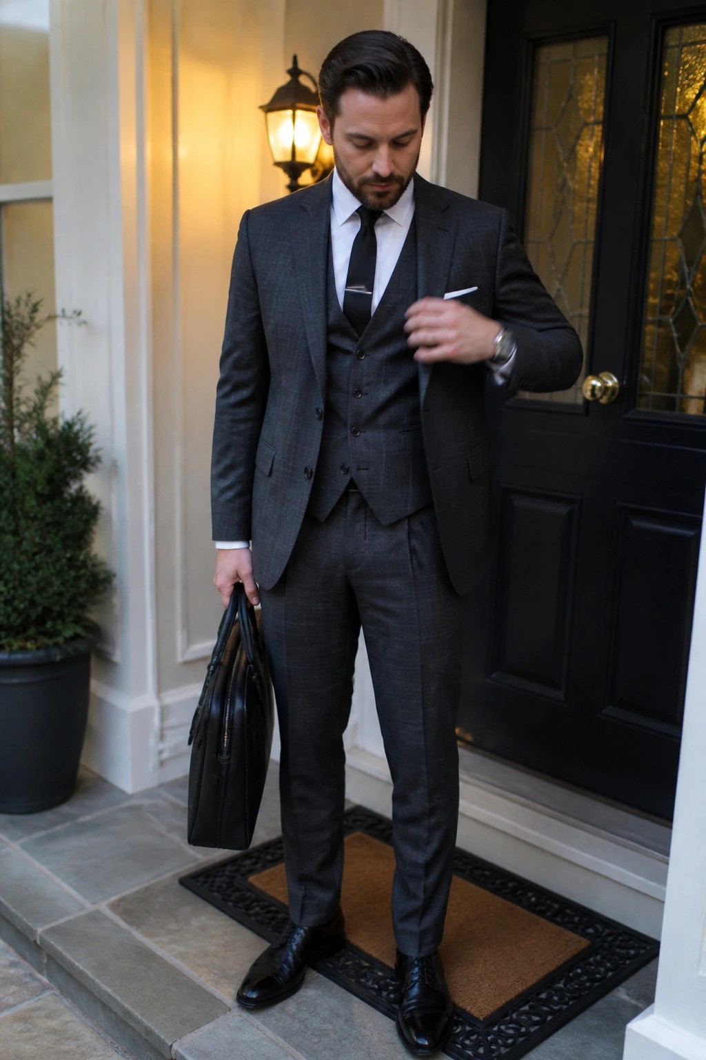 Man in gray three-piece suit holds briefcase at black doorway entrance