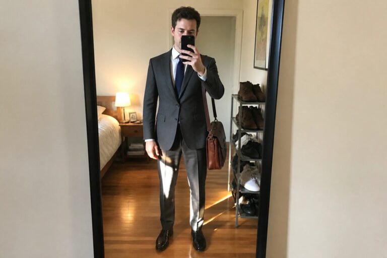 Man in gray suit with navy tie holds brown bag in bedroom mirror selfie