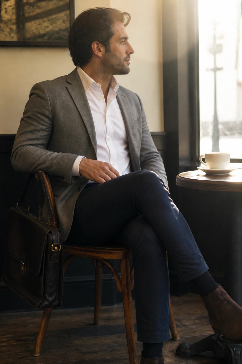 Man in gray suit jacket over white shirt sits with leather briefcase near coffee cup