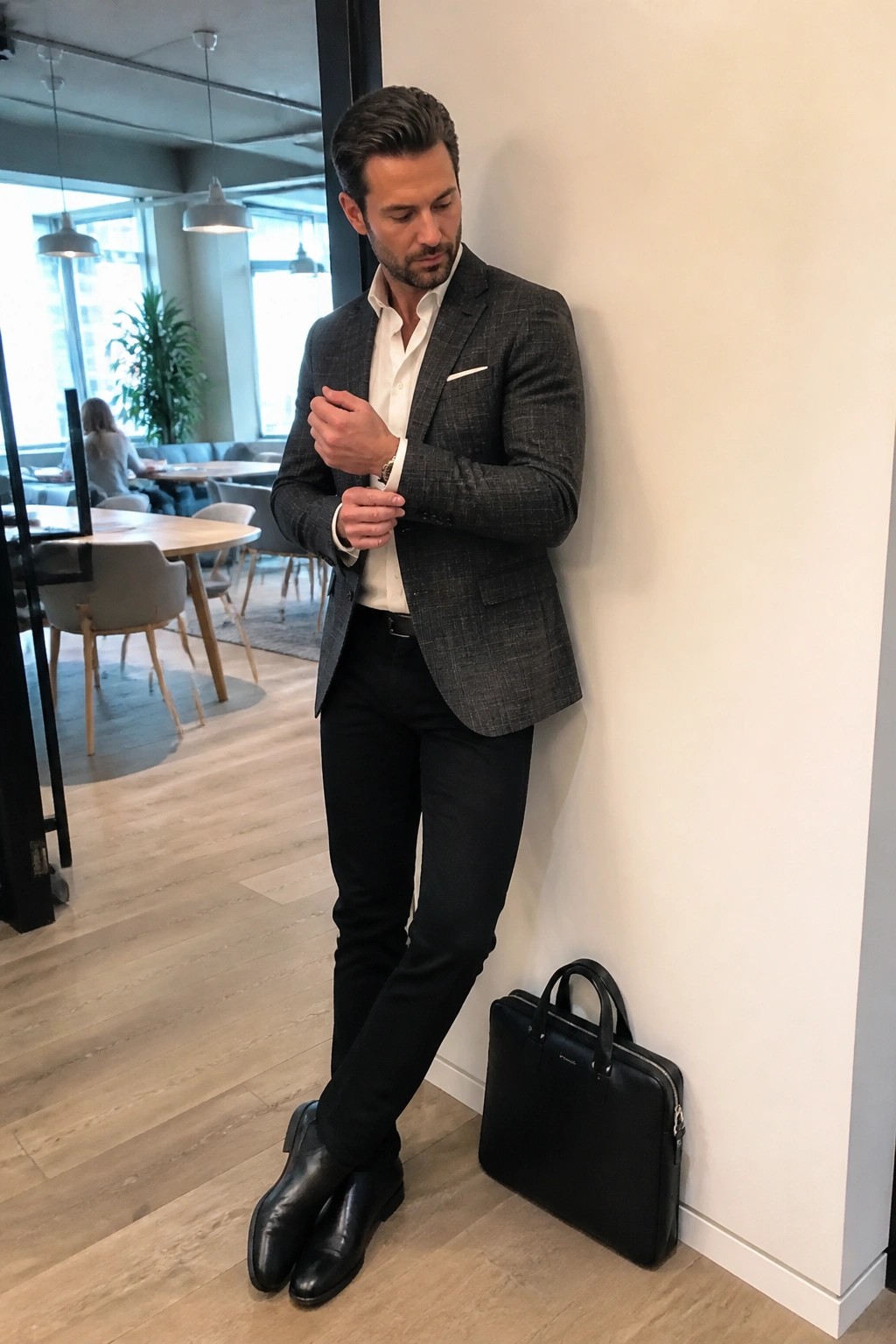 Man leaning against wall wearing dark gray plaid blazer over white dress shirt with black trousers and black leather dress shoes next to matching briefcase in modern office space.