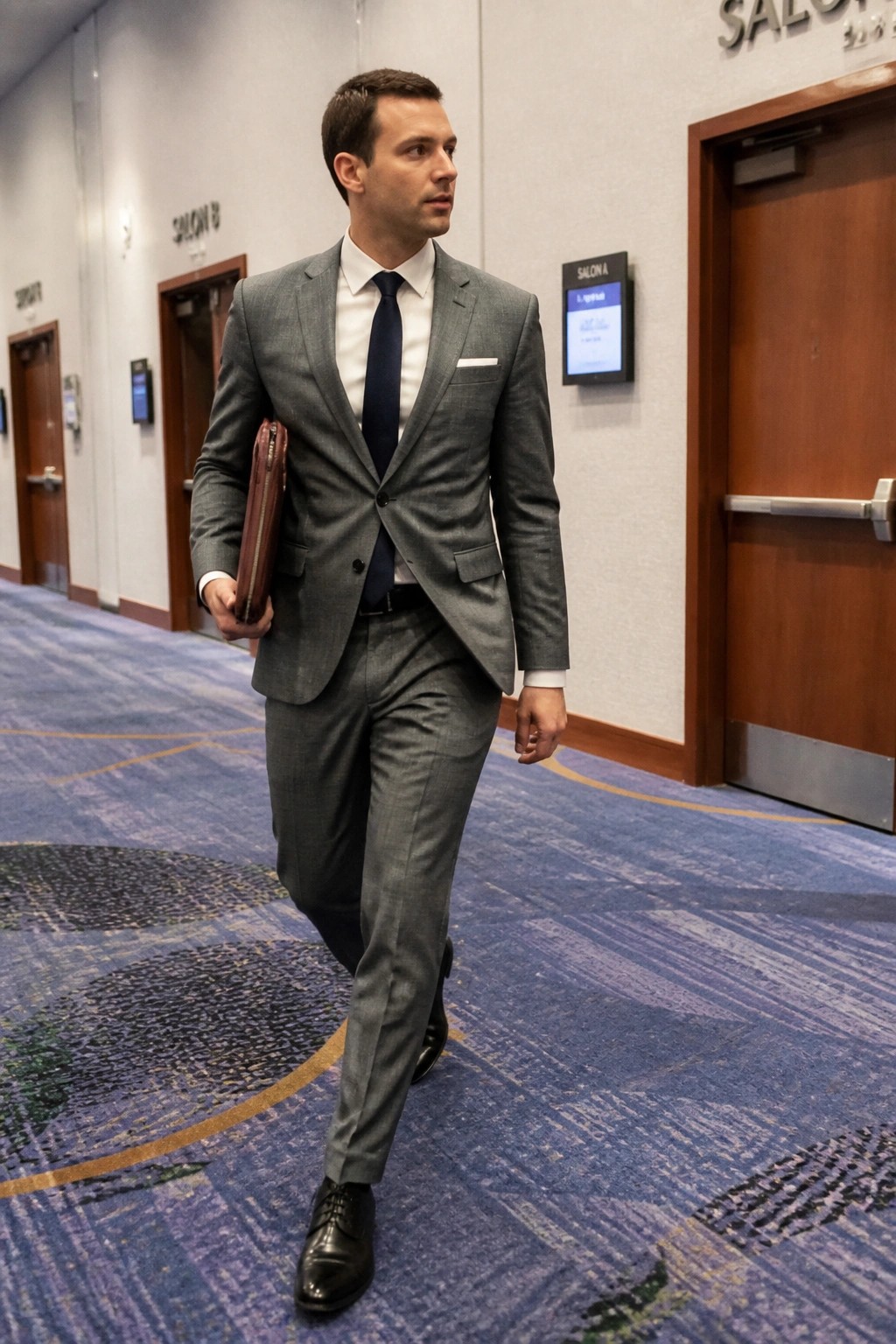 Man in gray suit with navy tie carries brown portfolio in blue carpeted hallway