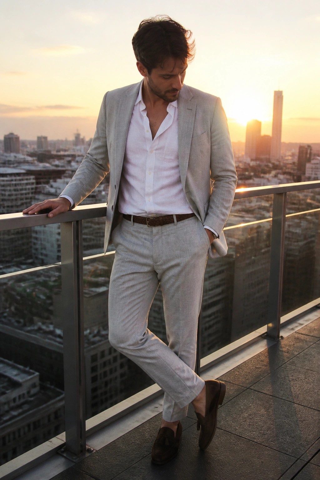 Man in light gray suit leaning on balcony railing at city sunset