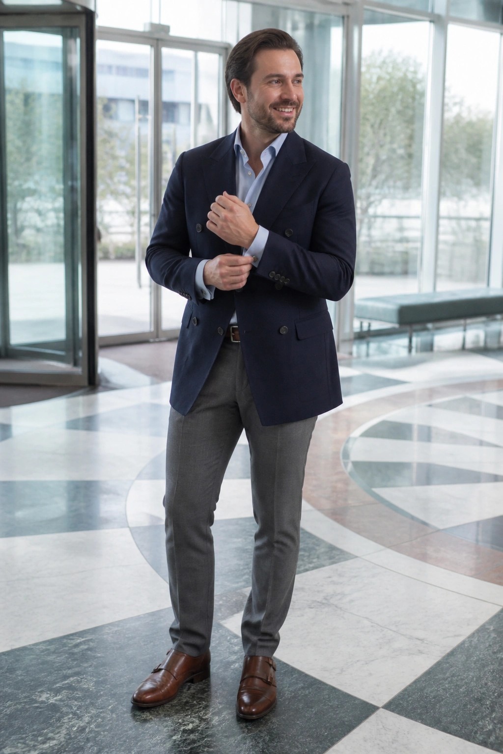 Man wearing a navy double breasted blazer over a light blue dress shirt with gray trousers and brown double monk strap shoes in a modern lobby setting.
