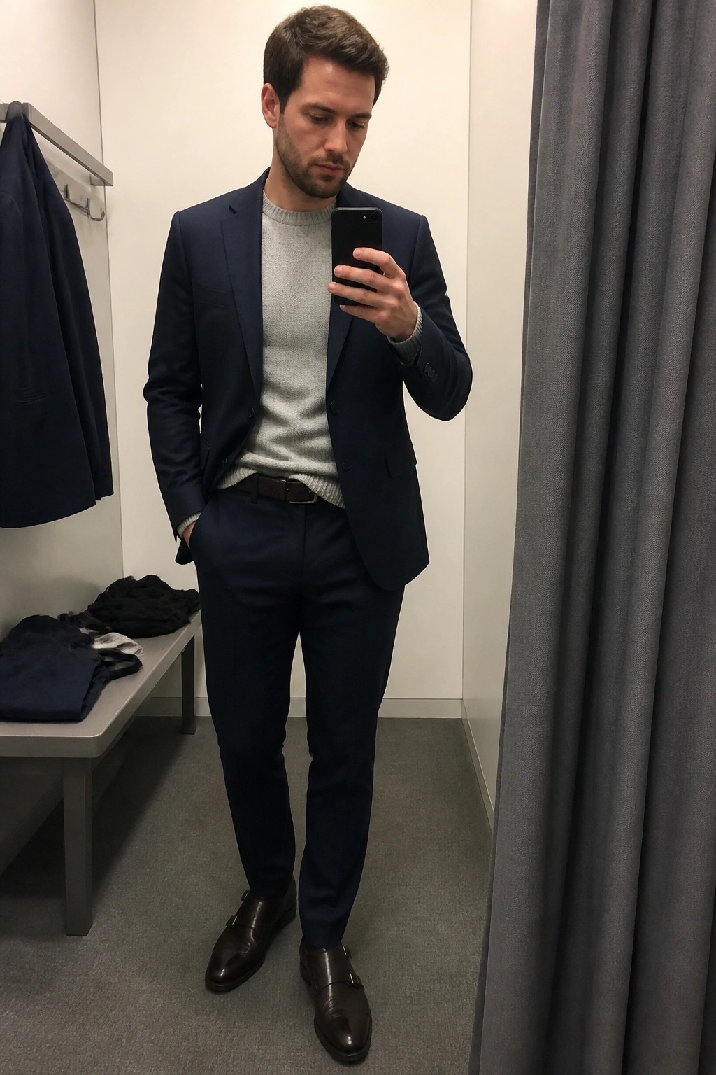 Man in navy suit and gray sweater taking mirror selfie in fitting room