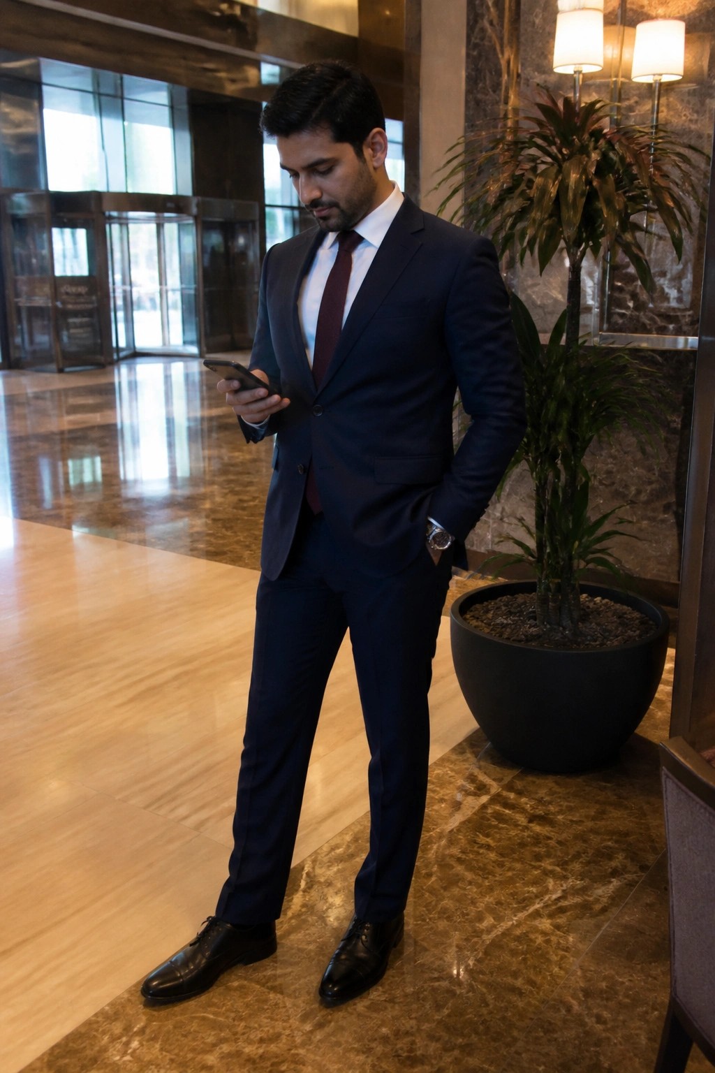 Man in navy suit checks smartphone in marble luxury lobby with potted plant.