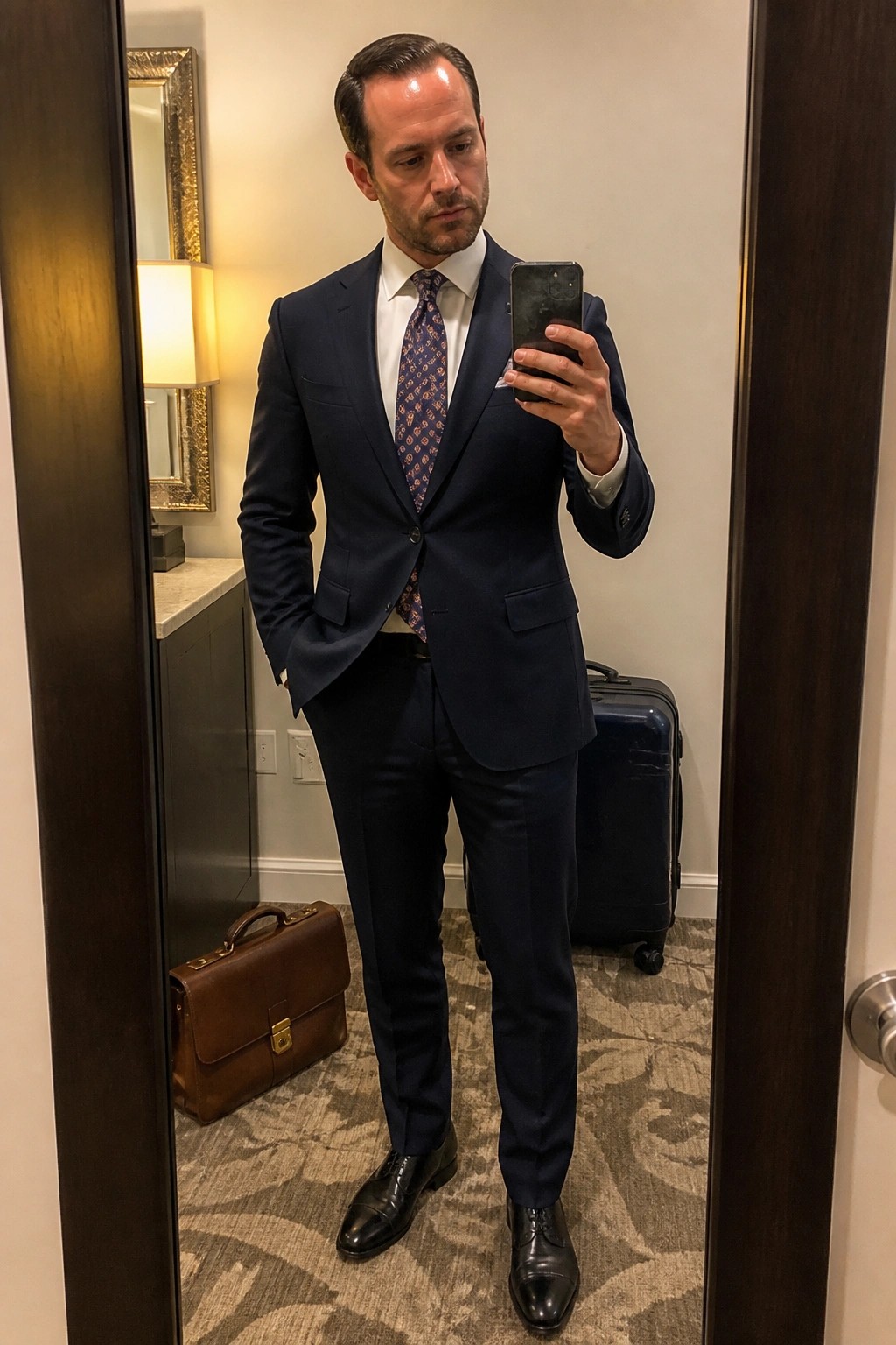 Man in navy suit taking mirror selfie beside brown briefcase and blue suitcase