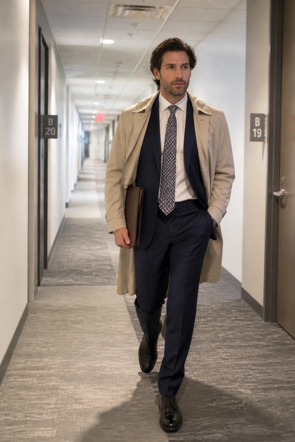 Man in navy suit and beige trench coat walks office hallway holding folder