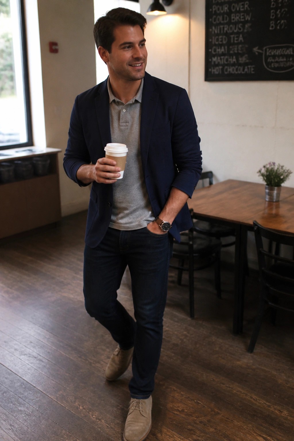 Man in navy blazer holds coffee cup in modern cafe with wooden tables.